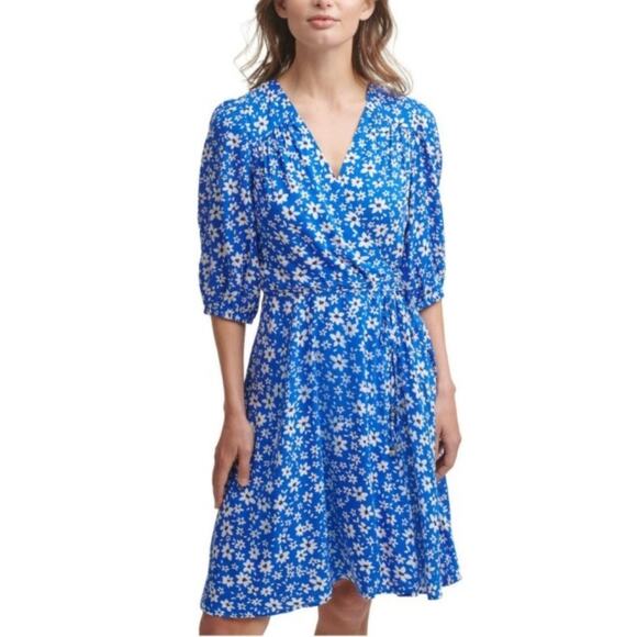 Calvin Klein Blue Floral Faux Wrap Midi Dress Sz 8 - Picture 1 of 13